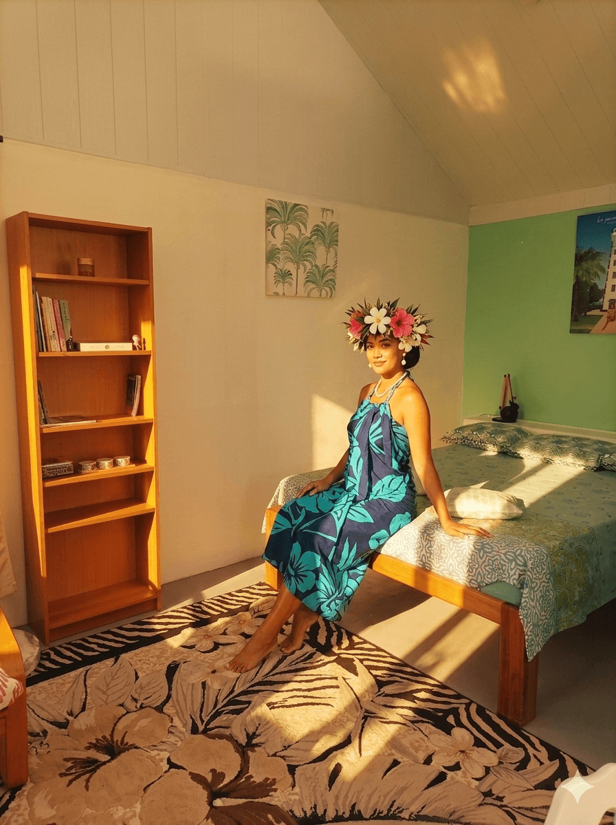 Chambre avec lit double, bibliothèque et tapis tropical